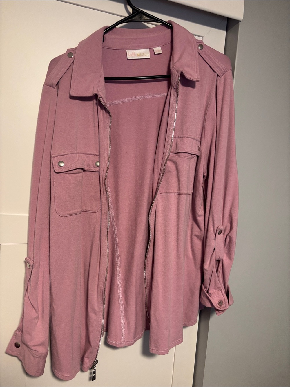 Woman Within Mauve Utility Jacket with Zip & Snap Pockets